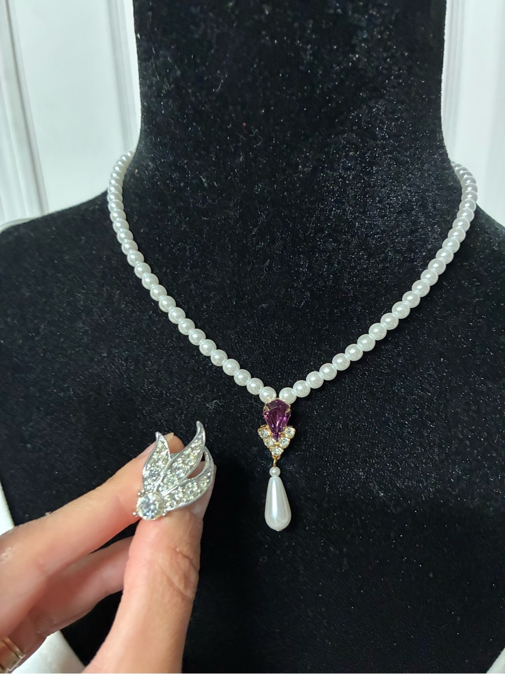 Pearl Necklace with Purple Gem and Teardrop Pendant - Women Jewelry